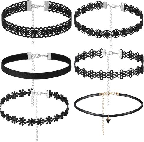 Bremorou 6 Pcs Choker Necklace for Women Black Velvet Chokers Adjustable Vintage Gothic Elastic Choker for 90s Style Classic Punk Lace Chokers Fit Party Cosplay Birthday Gifts Black in Saudi Arabia