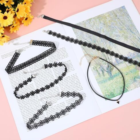 Bremorou 6 Pcs Choker Necklace for Women Black Velvet Chokers Adjustable Vintage Gothic Elastic Choker for 90s Style Classic Punk Lace Chokers Fit Party Cosplay Birthday Gifts Black in Saudi Arabia