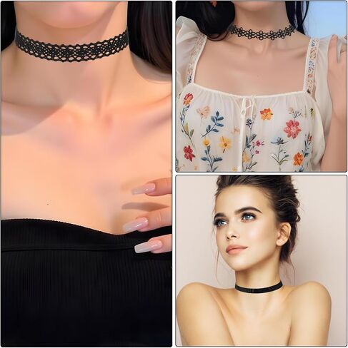 Bremorou 6 Pcs Choker Necklace for Women Black Velvet Chokers Adjustable Vintage Gothic Elastic Choker for 90s Style Classic Punk Lace Chokers Fit Party Cosplay Birthday Gifts Black in Saudi Arabia