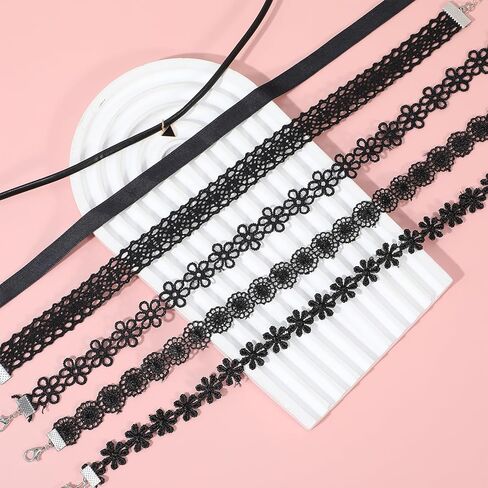 Bremorou 6 Pcs Choker Necklace for Women Black Velvet Chokers Adjustable Vintage Gothic Elastic Choker for 90s Style Classic Punk Lace Chokers Fit Party Cosplay Birthday Gifts Black in Saudi Arabia