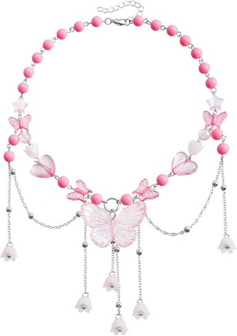 WETMT Layered Butterfly Choker Necklace for Women Purple Pink Blue Beaded Butterfly Necklace Fairy Heart Star Flower Charm Necklace Floral Tassel Renaissance Necklace Y2K Elf Rave Jewelry in Kuwait