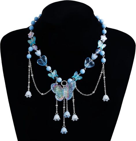 WETMT Layered Butterfly Choker Necklace for Women Purple Pink Blue Beaded Butterfly Necklace Fairy Heart Star Flower Charm Necklace Floral Tassel Renaissance Necklace Y2K Elf Rave Jewelry in Saudi Arabia