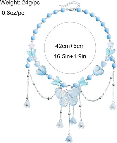 WETMT Layered Butterfly Choker Necklace for Women Purple Pink Blue Beaded Butterfly Necklace Fairy Heart Star Flower Charm Necklace Floral Tassel Renaissance Necklace Y2K Elf Rave Jewelry in Saudi Arabia