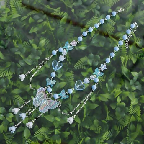 WETMT Layered Butterfly Choker Necklace for Women Purple Pink Blue Beaded Butterfly Necklace Fairy Heart Star Flower Charm Necklace Floral Tassel Renaissance Necklace Y2K Elf Rave Jewelry in Saudi Arabia