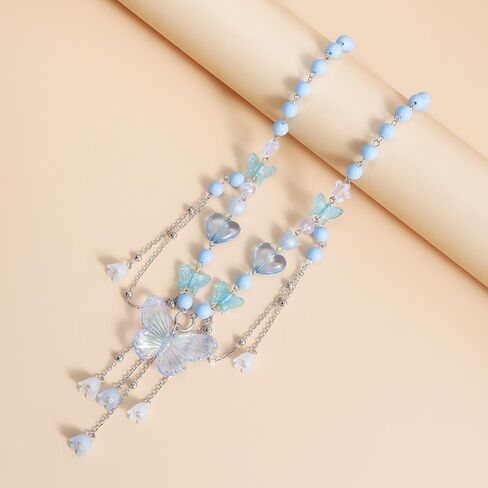 WETMT Layered Butterfly Choker Necklace for Women Purple Pink Blue Beaded Butterfly Necklace Fairy Heart Star Flower Charm Necklace Floral Tassel Renaissance Necklace Y2K Elf Rave Jewelry in Saudi Arabia