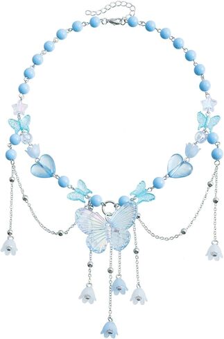 WETMT Layered Butterfly Choker Necklace for Women Purple Pink Blue Beaded Butterfly Necklace Fairy Heart Star Flower Charm Necklace Floral Tassel Renaissance Necklace Y2K Elf Rave Jewelry in Saudi Arabia