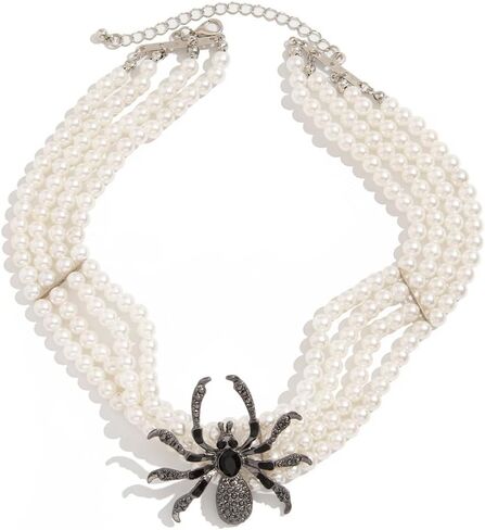 Kokoma Gothic Spider Pearl Choker Necklace for Women Black CZ Multi-Strand White Pearl with Crystal Spider Pendant Necklace Collar Halloween Costume Jewelry in Saudi Arabia