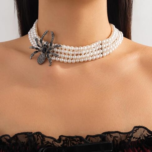 Kokoma Gothic Spider Pearl Choker Necklace for Women Black CZ Multi-Strand White Pearl with Crystal Spider Pendant Necklace Collar Halloween Costume Jewelry in Saudi Arabia