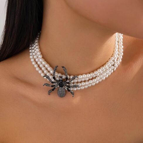 Kokoma Gothic Spider Pearl Choker Necklace for Women Black CZ Multi-Strand White Pearl with Crystal Spider Pendant Necklace Collar Halloween Costume Jewelry in Saudi Arabia