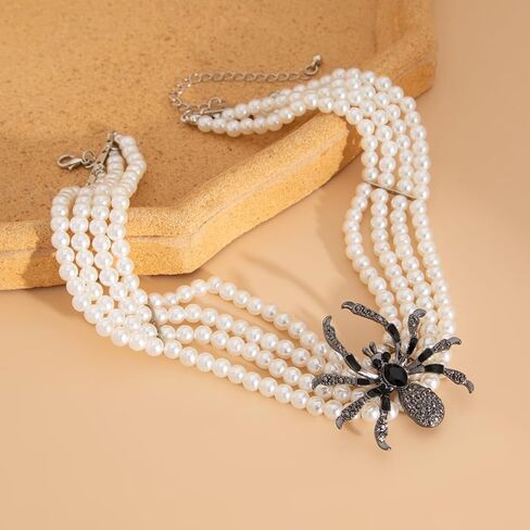 Kokoma Gothic Spider Pearl Choker Necklace for Women Black CZ Multi-Strand White Pearl with Crystal Spider Pendant Necklace Collar Halloween Costume Jewelry in Saudi Arabia