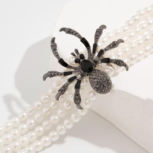 Kokoma Gothic Spider Pearl Choker Necklace for Women Black CZ Multi-Strand White Pearl with Crystal Spider Pendant Necklace Collar Halloween Costume Jewelry in Saudi Arabia
