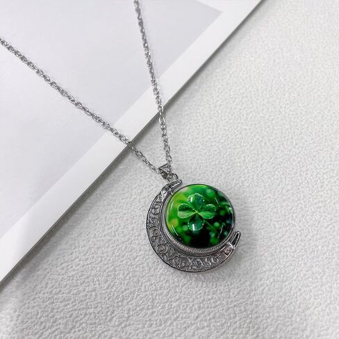 Green Four-Leaf Clover Crescent Pendant Necklace for Women Stainless Steel Boho Flower Shamrock Round Geometry Glass Adjustable Chain Charm Choker Necklaces Lucky Decor St Patrick’s Day Jewelry in Saudi Arabia