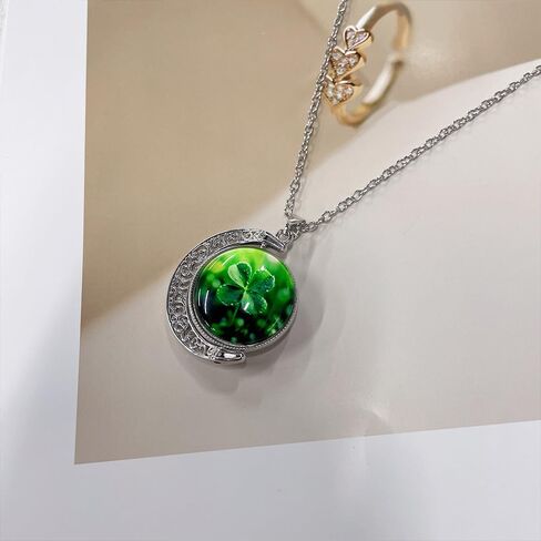 Green Four-Leaf Clover Crescent Pendant Necklace for Women Stainless Steel Boho Flower Shamrock Round Geometry Glass Adjustable Chain Charm Choker Necklaces Lucky Decor St Patrick’s Day Jewelry in Saudi Arabia