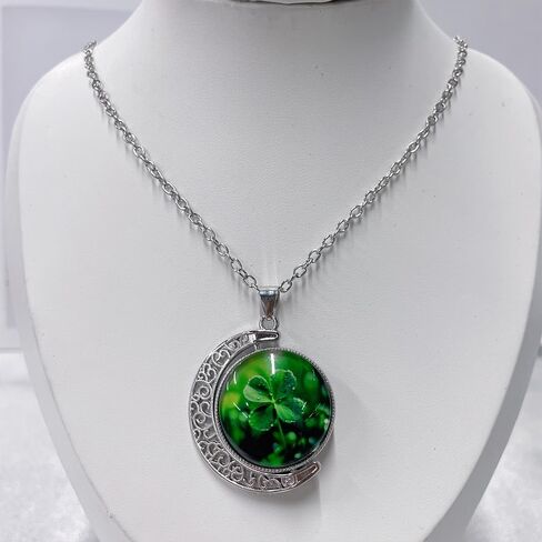 Green Four-Leaf Clover Crescent Pendant Necklace for Women Stainless Steel Boho Flower Shamrock Round Geometry Glass Adjustable Chain Charm Choker Necklaces Lucky Decor St Patrick’s Day Jewelry in Saudi Arabia