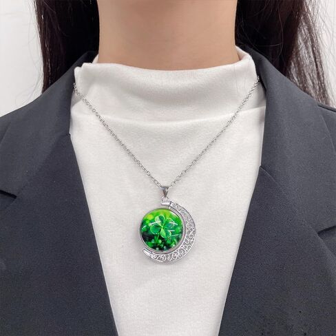 Green Four-Leaf Clover Crescent Pendant Necklace for Women Stainless Steel Boho Flower Shamrock Round Geometry Glass Adjustable Chain Charm Choker Necklaces Lucky Decor St Patrick’s Day Jewelry in Saudi Arabia