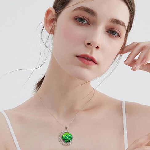 Green Four-Leaf Clover Crescent Pendant Necklace for Women Stainless Steel Boho Flower Shamrock Round Geometry Glass Adjustable Chain Charm Choker Necklaces Lucky Decor St Patrick’s Day Jewelry in Saudi Arabia
