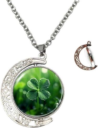 Green Four-Leaf Clover Crescent Pendant Necklace for Women Stainless Steel Boho Flower Shamrock Round Geometry Glass Adjustable Chain Charm Choker Necklaces Lucky Decor St Patrick’s Day Jewelry in Saudi Arabia