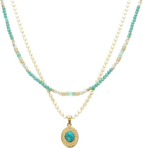 Boho Gemstone Necklaces Layered Green Beaded Necklace for Women Natural Stone Choker with Gold Turquoise Pendant Handmade Bohemian Jewelry Fashion in Kuwait