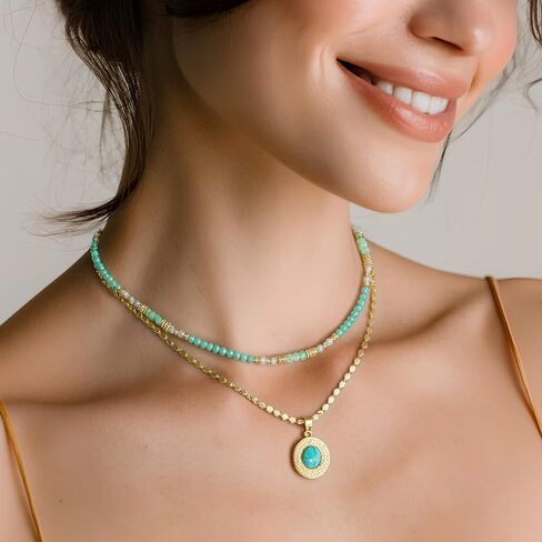 Boho Gemstone Necklaces Layered Green Beaded Necklace for Women Natural Stone Choker with Gold Turquoise Pendant Handmade Bohemian Jewelry Fashion in Kuwait
