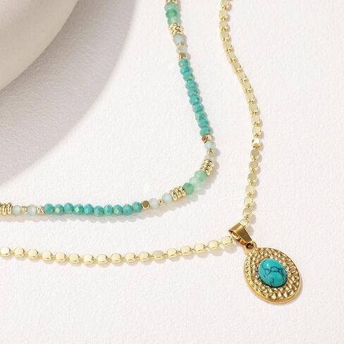 Boho Gemstone Necklaces Layered Green Beaded Necklace for Women Natural Stone Choker with Gold Turquoise Pendant Handmade Bohemian Jewelry Fashion in Kuwait