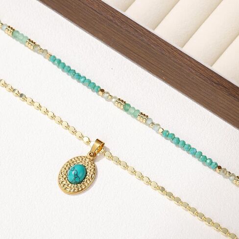 Boho Gemstone Necklaces Layered Green Beaded Necklace for Women Natural Stone Choker with Gold Turquoise Pendant Handmade Bohemian Jewelry Fashion in Kuwait