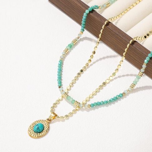Boho Gemstone Necklaces Layered Green Beaded Necklace for Women Natural Stone Choker with Gold Turquoise Pendant Handmade Bohemian Jewelry Fashion in Kuwait