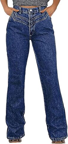 Flamingals Straight Leg Mid Rise Wash Stitch Detail Jeans for Women Casual Denim Pants with Pockets in Saudi Arabia