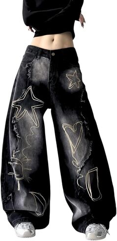 الجينز الفضفاضة للنساء الفتيات ستار برميل الجينز واسعة الساق مطرزة المرقعة الدنيم السراويل ملابس خمر لطيف in Kuwait
