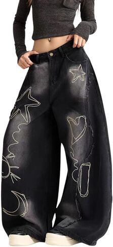 Baggy Jeans for Women Girls Star Barrel Jeans Wide Leg Embroidered Patchwork Denim Pants Cute Vintage Clothes in Saudi Arabia