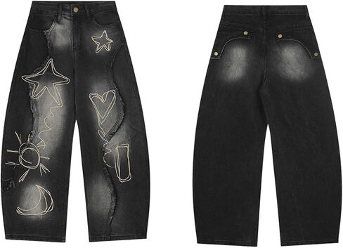 Baggy Jeans for Women Girls Star Barrel Jeans Wide Leg Embroidered Patchwork Denim Pants Cute Vintage Clothes in Saudi Arabia