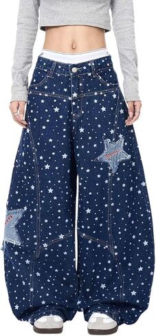 Baggy Jeans for Women Girls Star Barrel Jeans Wide Leg Embroidered Patchwork Denim Pants Cute Vintage Clothes in Saudi Arabia