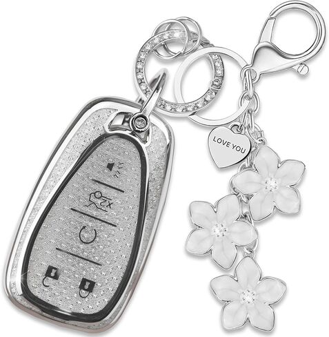 White TPU Key Fob Cover with Sakura Flower Keychain Compatible with Chevy Blazer Camaro Cruze Equinox Malibu Sonic Traverse Volt Spark Trax 5-Button Smart Key for Women in Saudi Arabia