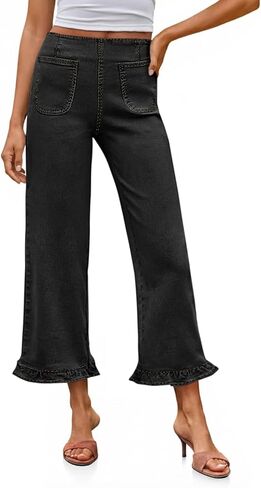 Cicy Bell Womens Cropped High Waisted Jeans Baggy Wide Leg Stretchy Capris Ruffle Flare Denim Pants with Pockets in Saudi Arabia