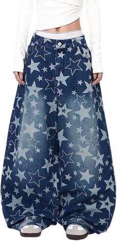 Baggy Jeans for Women Girls Star Barrel Jeans Wide Leg Embroidered Patchwork Denim Pants Cute Vintage Clothes in Saudi Arabia