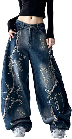 Baggy Jeans for Women Girls Star Barrel Jeans Wide Leg Embroidered Patchwork Denim Pants Cute Vintage Clothes in Saudi Arabia