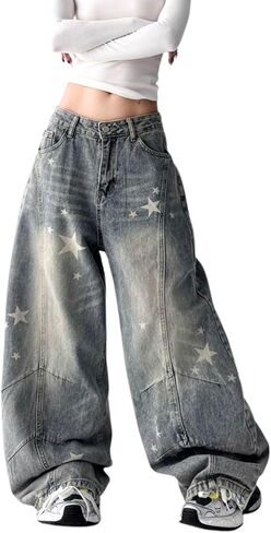 Baggy Jeans for Women Girls Star Barrel Jeans Wide Leg Embroidered Patchwork Denim Pants Cute Vintage Clothes in Saudi Arabia
