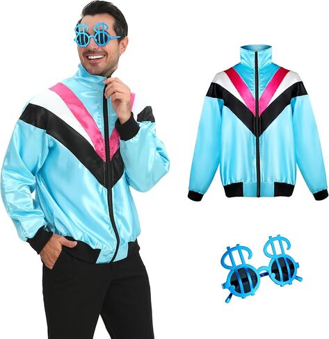 Leadtex Adult Long Sleeve Color Block Lightweight 80s Tracksuit,Zipper Front Retro Disco Windbreaker Jacket Costume. in Kuwait