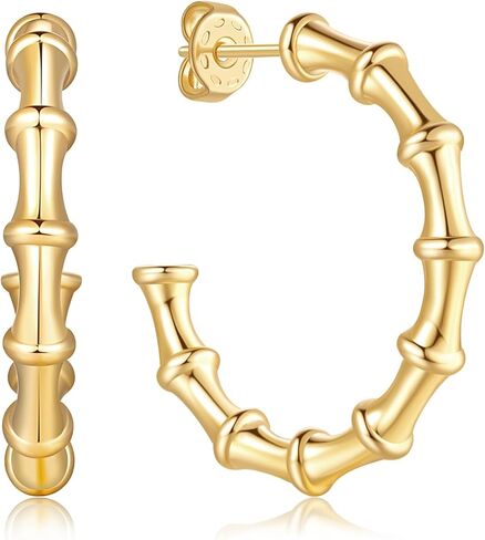 14K Gold Earrings Hoops Large Bamboo Earring Gold Earrings For Women Thick Hoop Earring 14K Gold 30MM in Saudi Arabia