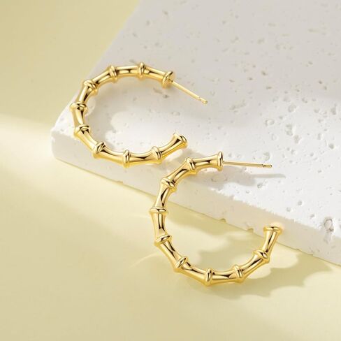14K Gold Earrings Hoops Large Bamboo Earring Gold Earrings For Women Thick Hoop Earring 14K Gold 30MM in Saudi Arabia