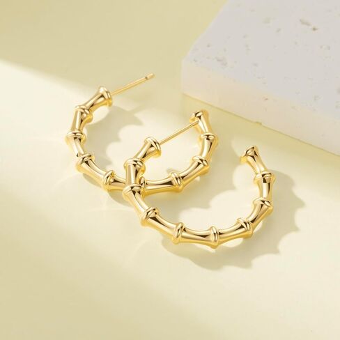 14K Gold Earrings Hoops Large Bamboo Earring Gold Earrings For Women Thick Hoop Earring 14K Gold 30MM in Saudi Arabia