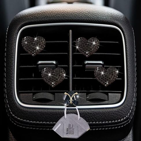 Black Heart Air Vent Clips, 4 Pcs Bling Heart Air Fresheners Vents Clips Diamond Car Interior Decor Charm Cute Car Accessories + Cute Butterfly Mask Hook in Saudi Arabia