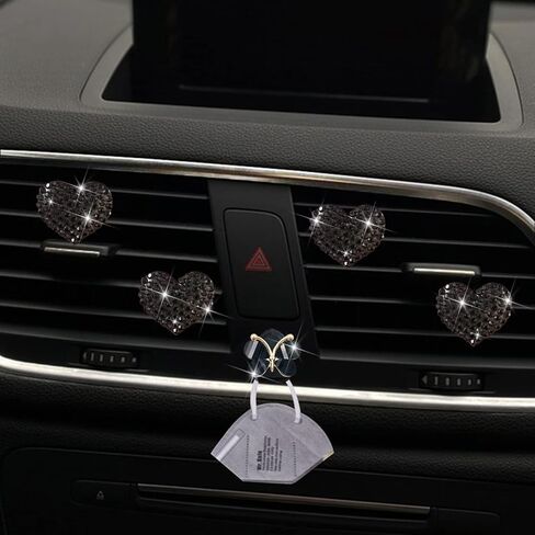 Black Heart Air Vent Clips, 4 Pcs Bling Heart Air Fresheners Vents Clips Diamond Car Interior Decor Charm Cute Car Accessories + Cute Butterfly Mask Hook in Saudi Arabia