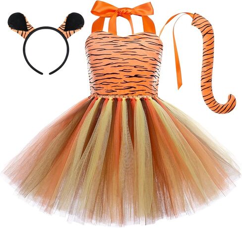 IWEMEK Girls Tiger Cosplay Costume 3pcs with Tiger Ears Headband Tiger Tail Animal Fancy Costume Kit Halloween Cosplay Birthday Party Outfits Baby Girl Jungle Themed Cosplay Dress Tiger 3-4 Years in Saudi Arabia