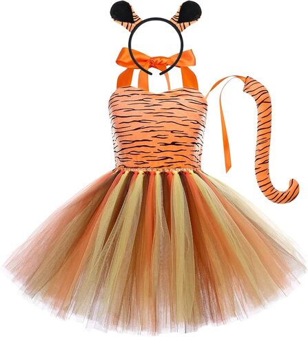 IWEMEK Girls Tiger Cosplay Costume 3pcs with Tiger Ears Headband Tiger Tail Animal Fancy Costume Kit Halloween Cosplay Birthday Party Outfits Baby Girl Jungle Themed Cosplay Dress Tiger 3-4 Years in Saudi Arabia