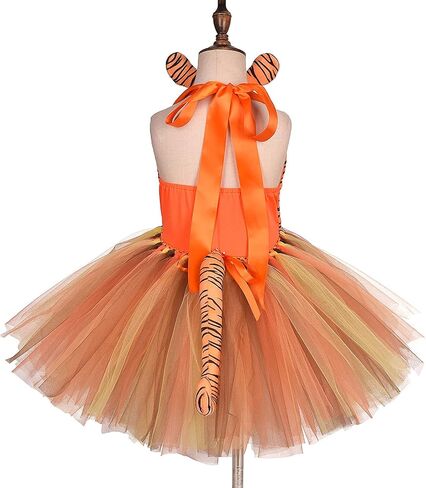 IWEMEK Girls Tiger Cosplay Costume 3pcs with Tiger Ears Headband Tiger Tail Animal Fancy Costume Kit Halloween Cosplay Birthday Party Outfits Baby Girl Jungle Themed Cosplay Dress Tiger 3-4 Years in Saudi Arabia