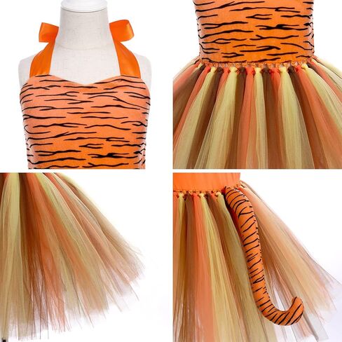 IWEMEK Girls Tiger Cosplay Costume 3pcs with Tiger Ears Headband Tiger Tail Animal Fancy Costume Kit Halloween Cosplay Birthday Party Outfits Baby Girl Jungle Themed Cosplay Dress Tiger 3-4 Years in Saudi Arabia