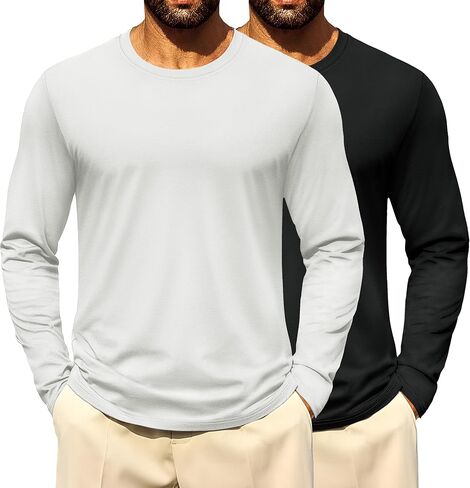 Cotrasen 2 Pack Long Sleeve Shirts for Men Moisture Wicking Crew Neck Plain T-Shirts Classic Basic Casual Soft Tee Shirts in Kuwait