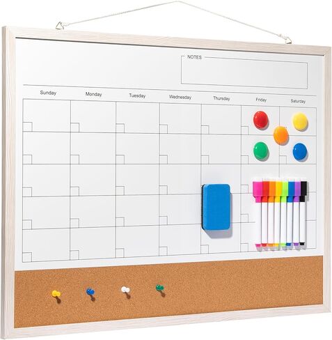 سبورة بيضاء بتقويم المسح الجاف، مجموعة لوحة فلين بيضاء مغناطيسية مقاس 24 بوصة × 18 بوصة، مخطط شهري قابل لإعادة الاستخدام مع 8 علامات وممحاة ومغناطيس ودبابيس دفع، لوحة مسح جافة معلقة للمنزل والمدرسة - أبيض in Kuwait