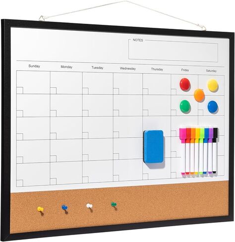 Dry Erase Calendar Whiteboard, 24" x 18" Magnetic Whiteboard Cork Board Combo, Reusable Monthly Planner with 8 Markers, Eraser, Magnets and Pushpins, Hanging Dry Erase Board for Home, School - White in Saudi Arabia