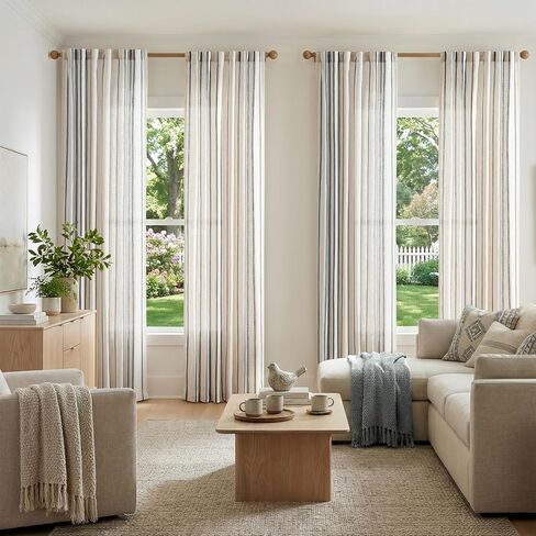 jinchan Linen Curtains for Living Room Striped Curtains Blue on Beige Thick Textured Light Filtering Drapes Bedroom Dining Room Coastal Rustic Farmhouse Cottage Core Style 2 Panels 84 Inches Back Tab in Saudi Arabia